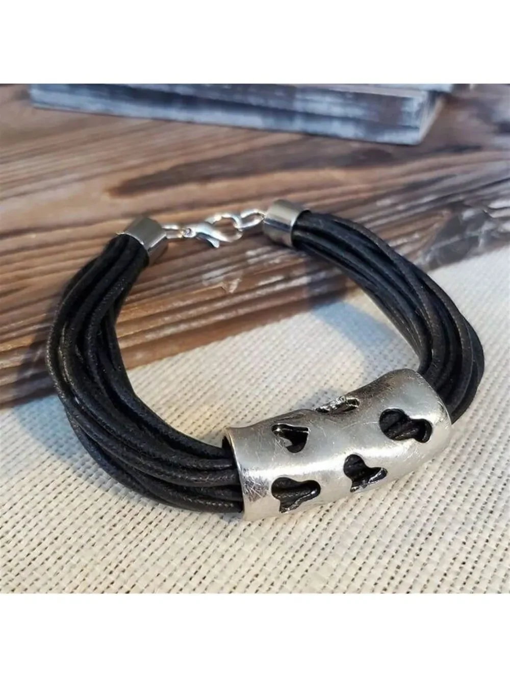Avant Garde Silver Black Statement Bracelet Cutout Geometric Black Cotton